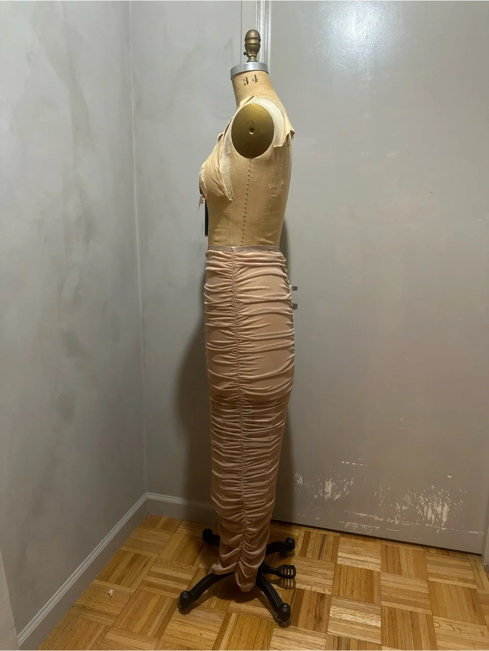 Ruched Nude Bodycon Maxi Skirt